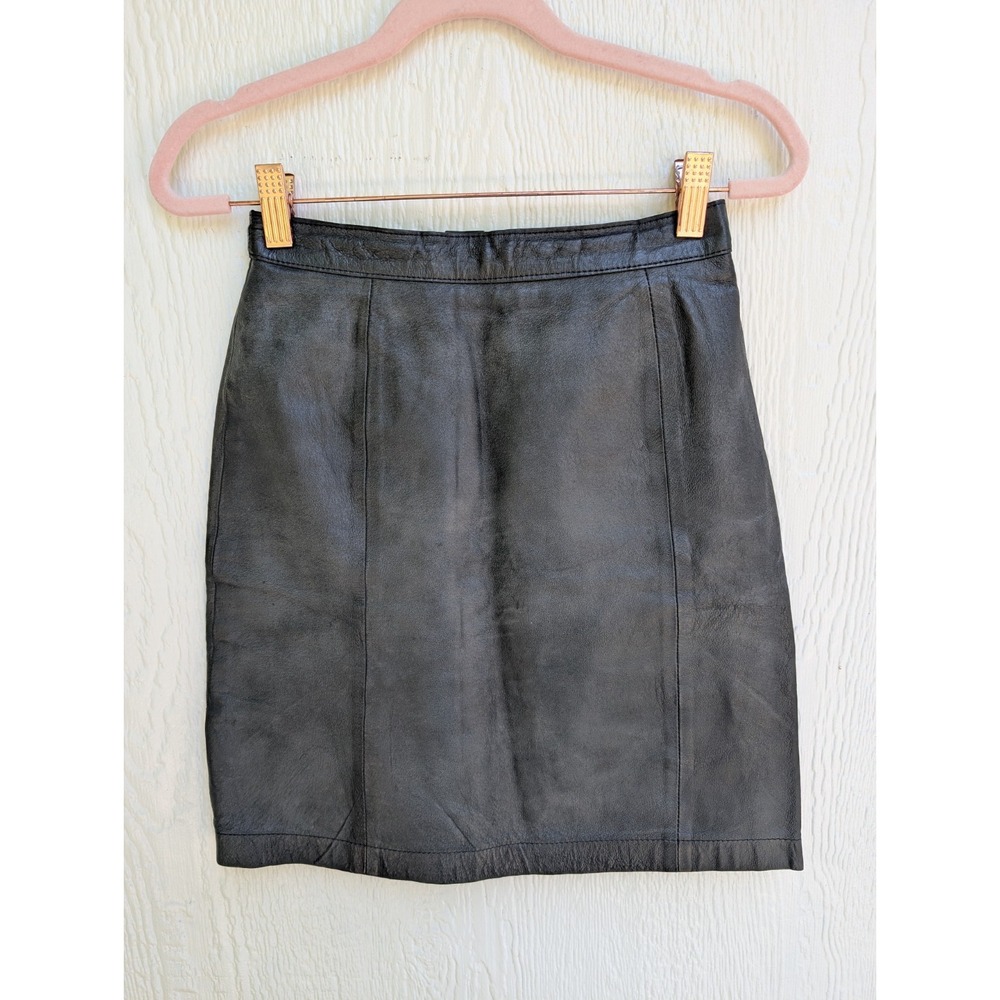 Vtg Wilsons Genuine Leather Mini Skirt Black High Waist Goth Punk Moto Size 6